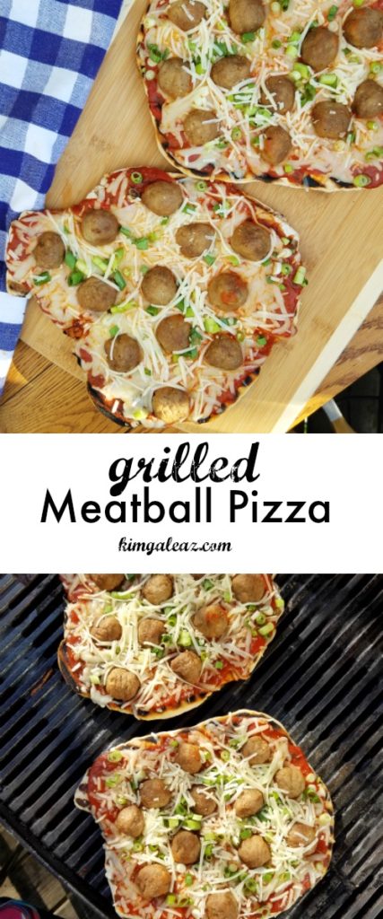 Kid-friendly meatball pizza on the grill for family dinners, picnics and cookouts.